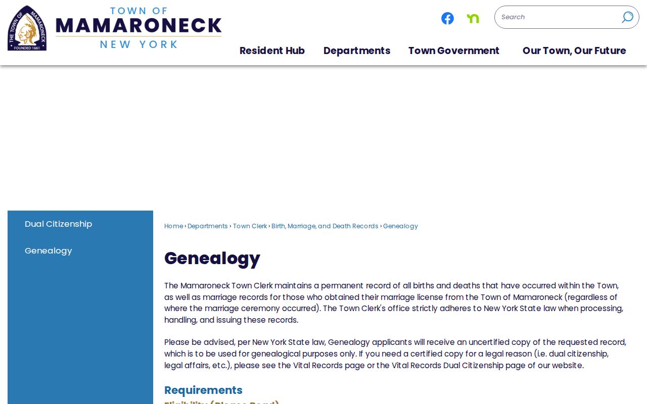 Mamaroneck resident lookup genealogy-copy rules on the Town records page